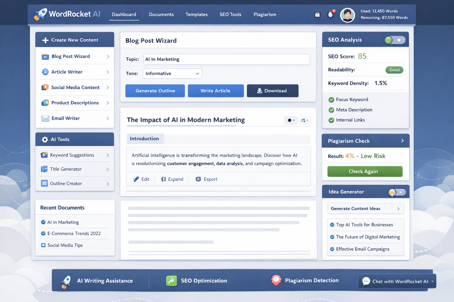 Detailed showcase of WordRocket AI highlighting its main dashboard/interface