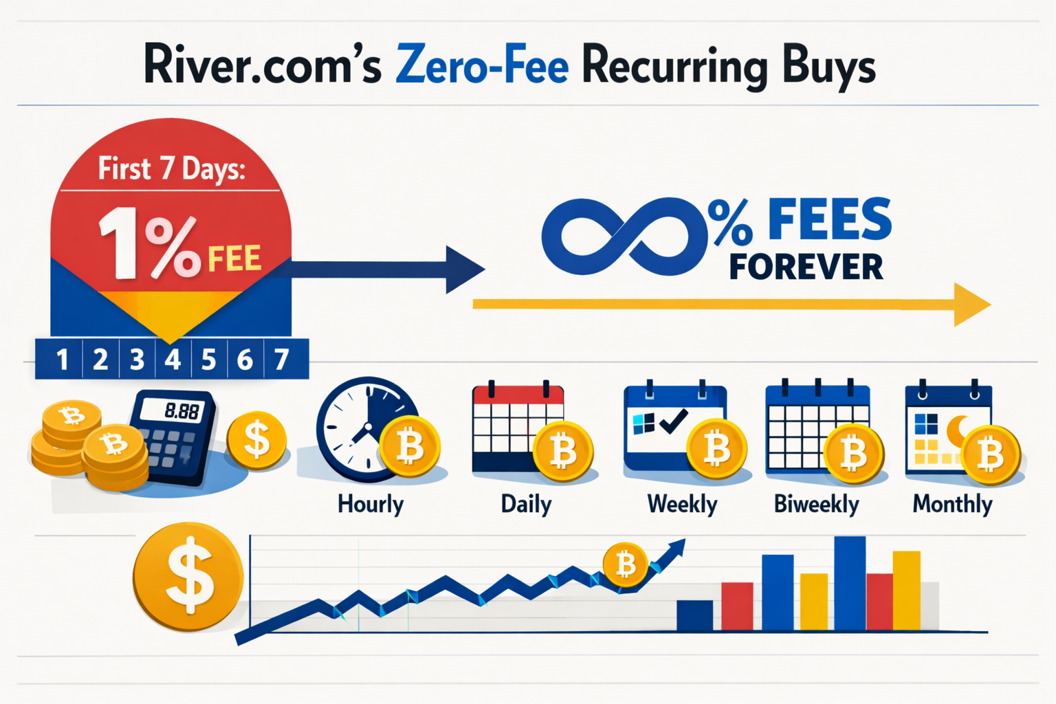 Bauhaus geometric style, primary colors, () detailed infographic illustration showing River.com's zero-fee recurring buy